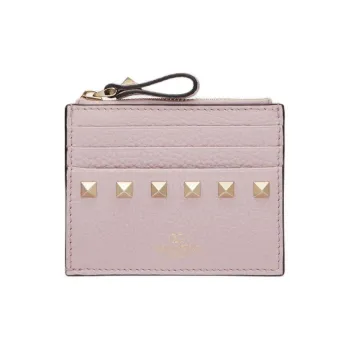 Valentino Rockstud Grained Calfskin Card Holder Women's Water Lilac