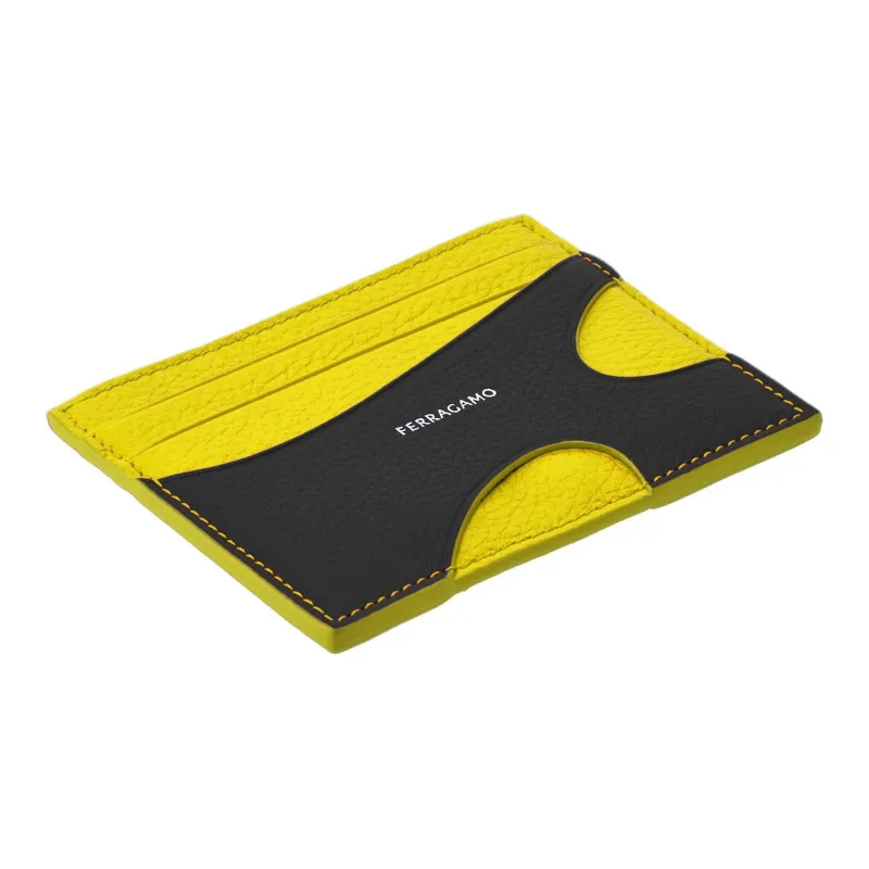 FERRAGAMO Hammered Calfskin Card Holder Card Holder Men's Black & Yellow-1