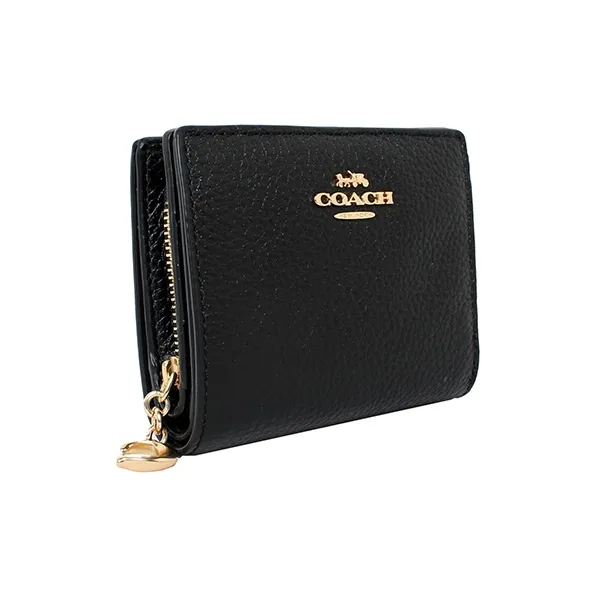 COACH Snap Wallet Pebbled Leather Coin Pocket Card Holder, Wallet Women's Gold/Black-1