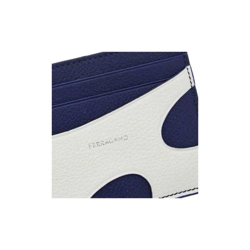 FERRAGAMO Calfskin Card Holder Men's White & Blue-4