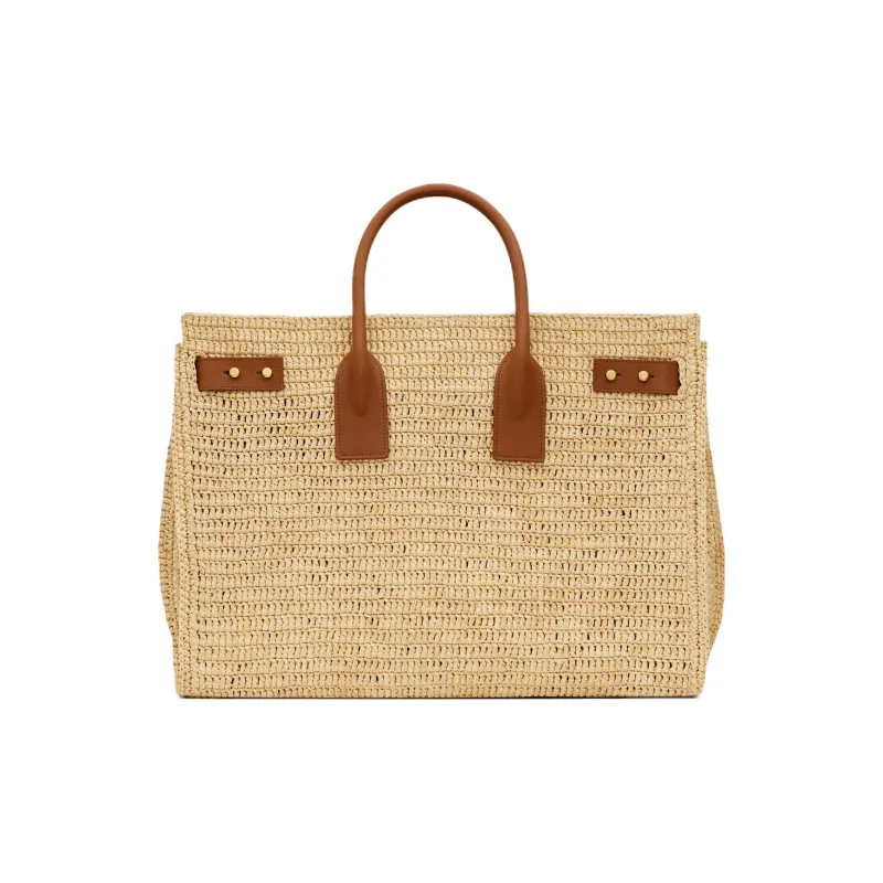SAINT LAURENT SAC DE JOUR Raffia Cow Leather Patchwork Handbag Medium Size Women's Natural Multicolor Brick-3