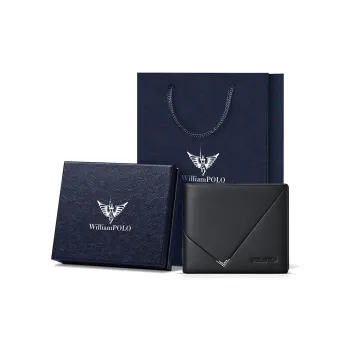 WilliamPOLO Top Grain Cow Leather Long Cropped Money Clip Card Holder Men's Black