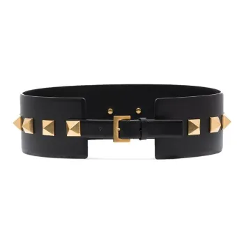 Valentino Stud Decoration Pin Buckle Leather Leather Belts Women's Black Width: 7CM