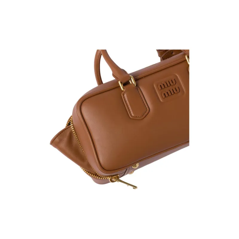 MIU MIU Arcadie Series Leather Bowling Bag, Shoulder Bag, Crossbody Bag, Handbag Women's Cognac-4