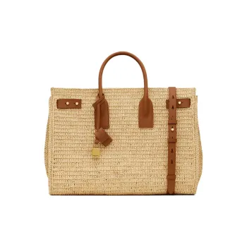 SAINT LAURENT SAC DE JOUR Raffia Cow Leather Patchwork Handbag Medium Size Women's Natural Multicolor Brick