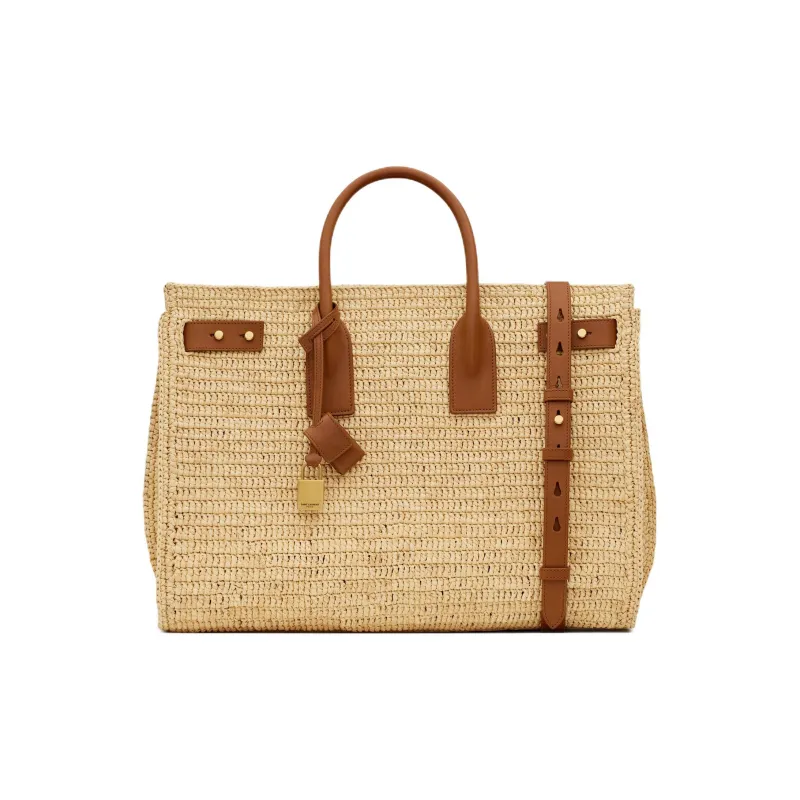SAINT LAURENT SAC DE JOUR Raffia Cow Leather Patchwork Handbag Medium Size Women's Natural Multicolor Brick-0