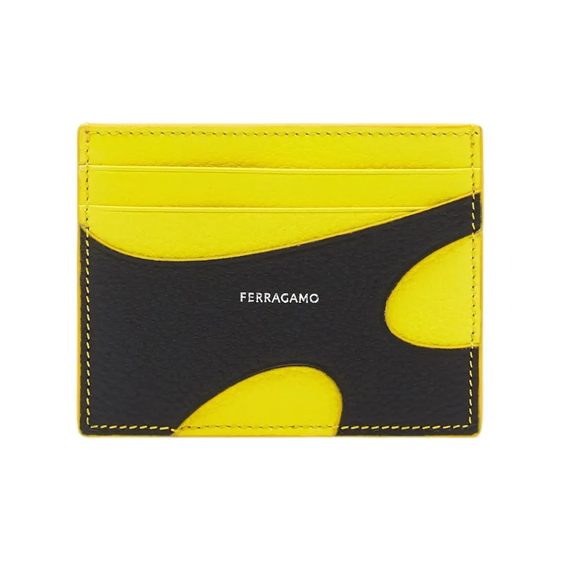 FERRAGAMO Hammered Calfskin Card Holder Card Holder Men's Black & Yellow-0