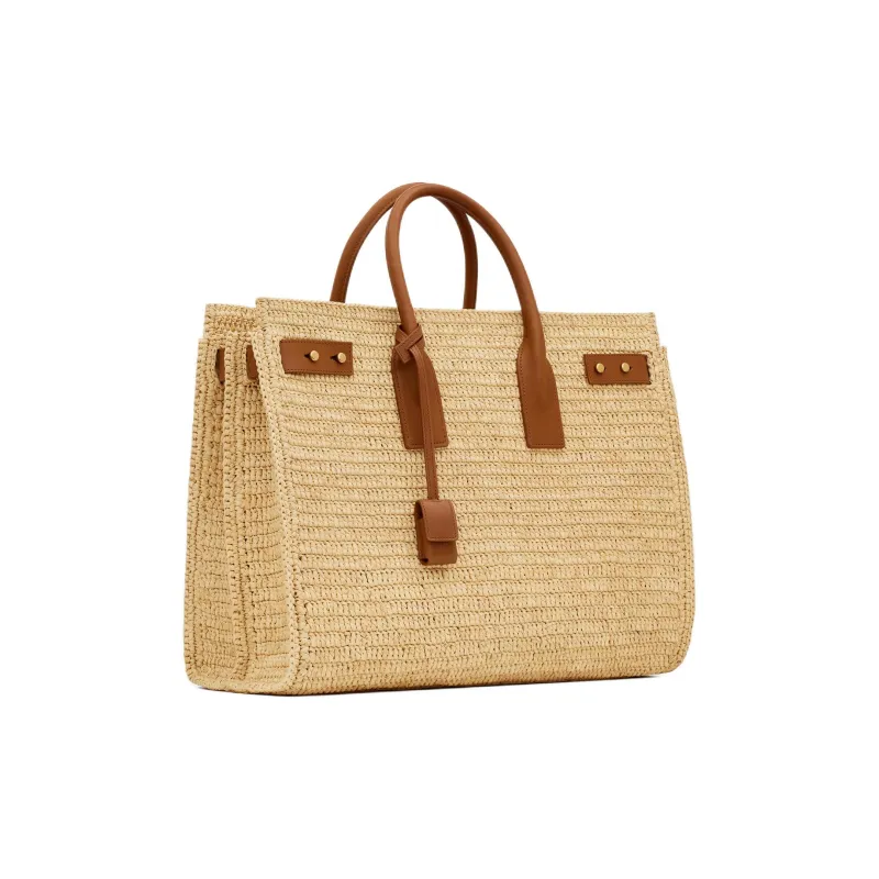 SAINT LAURENT SAC DE JOUR Raffia Cow Leather Patchwork Handbag Medium Size Women's Natural Multicolor Brick-1