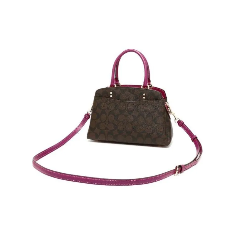 COACH Lillie Coated Canvas With Smooth Leather Shoulder Bag Crossbody Bag Handbag Mini Women's Brown & Deep Ocean Red-3