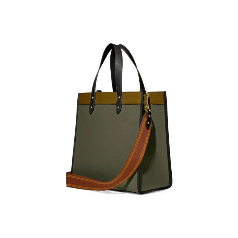 COACH Field Leather Vertical Tote Bag, Shopping Bag, Shoulder Bag, Handbag Large Size Women's Army Green & Brown-2