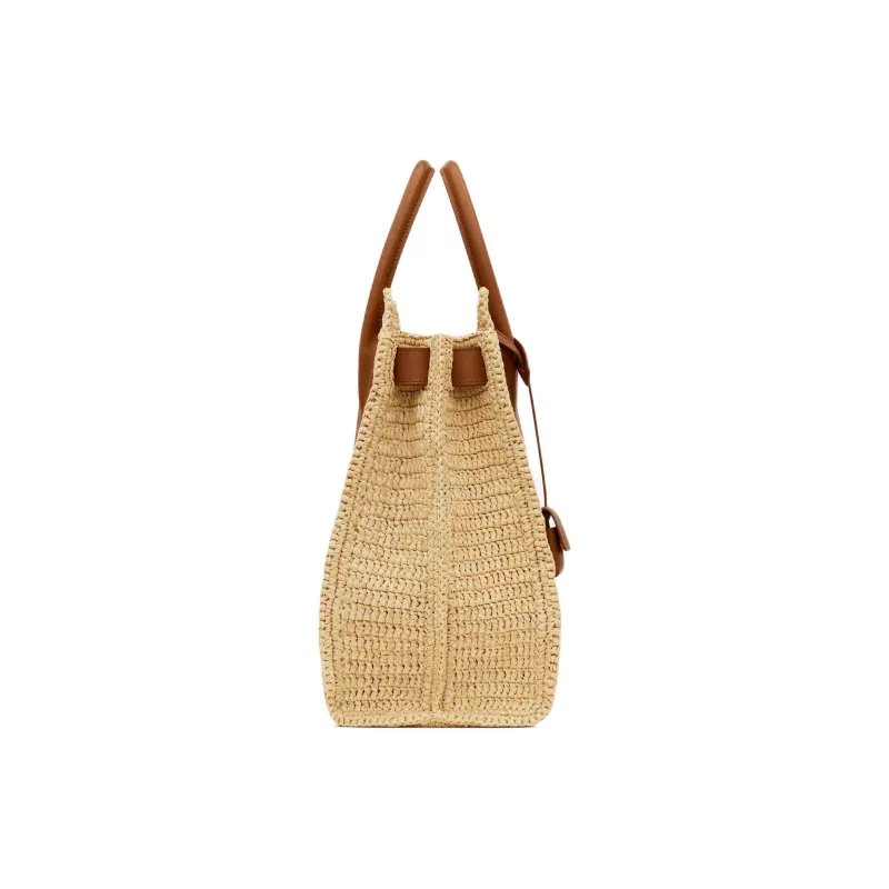 SAINT LAURENT SAC DE JOUR Raffia Cow Leather Patchwork Handbag Medium Size Women's Natural Multicolor Brick-2