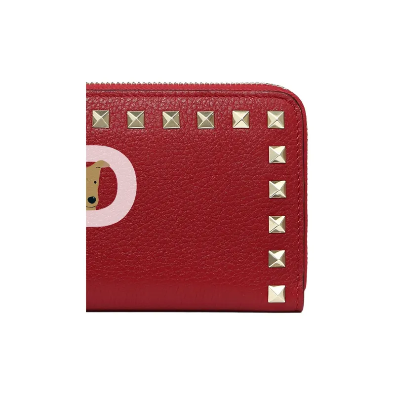 Valentino GARAVANI ROCKSTUD Grained Calfskin Wallet Women's Red & Pink-4