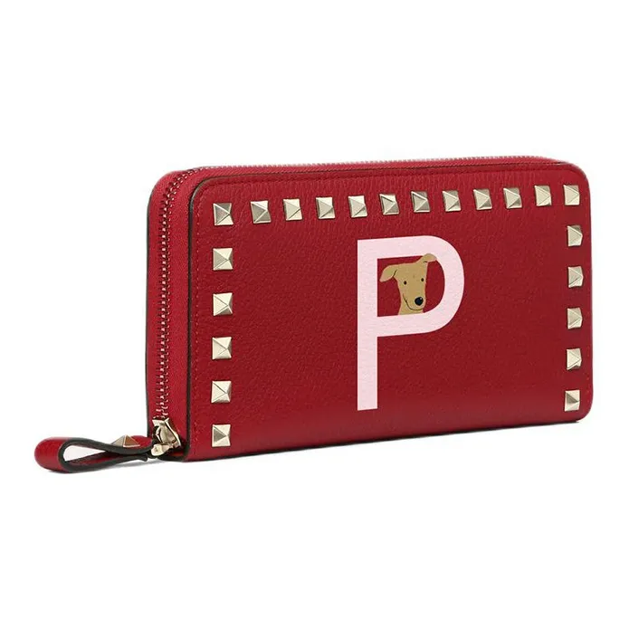 Valentino GARAVANI ROCKSTUD Grained Calfskin Wallet Women's Red & Pink-1
