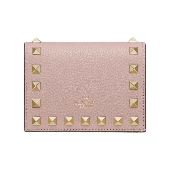 Valentino GARAVANI ROCKSTUD Grained Calfskin Wallet Women's Pink Crystal & Pure Red-2