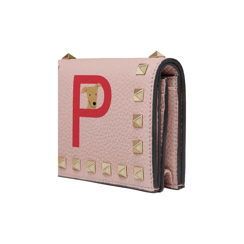 Valentino GARAVANI ROCKSTUD Grained Calfskin Wallet Women's Pink Crystal & Pure Red-4
