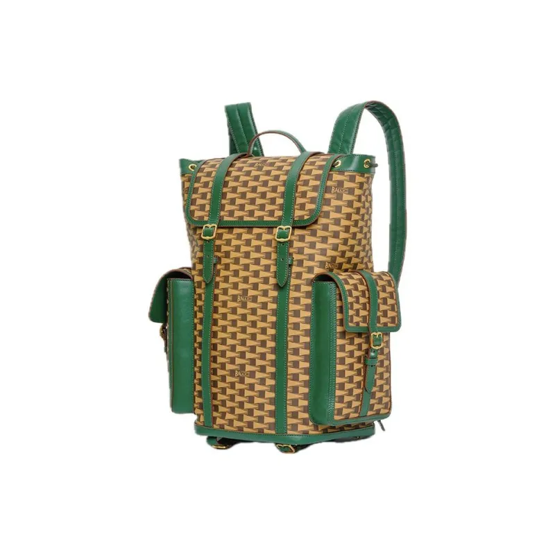 BALLY Fabric With Calfskin Backpack Large Size Men's Multiple Brown & Green-1