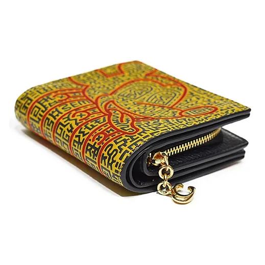 COACH Keith Haring X Disney Collaboration Snap Wallet Leather Card Holder Wallet Unisex Yellow And Red-1