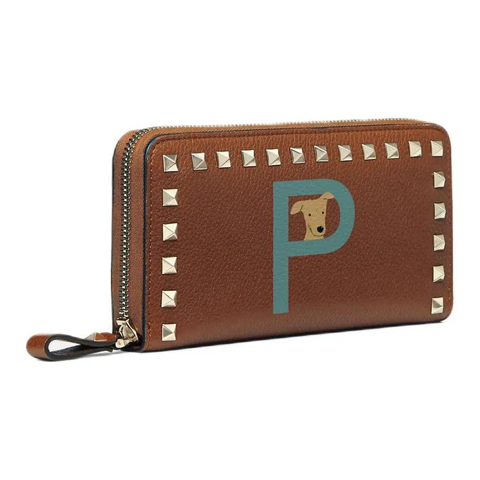 Valentino GARAVANI ROCKSTUD Grained Calfskin Wallet Women's Saddle Brown With English Green-1