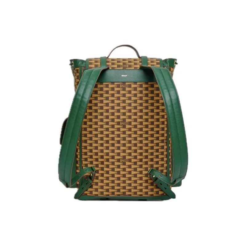 BALLY Fabric With Calfskin Backpack Large Size Men's Multiple Brown & Green-3