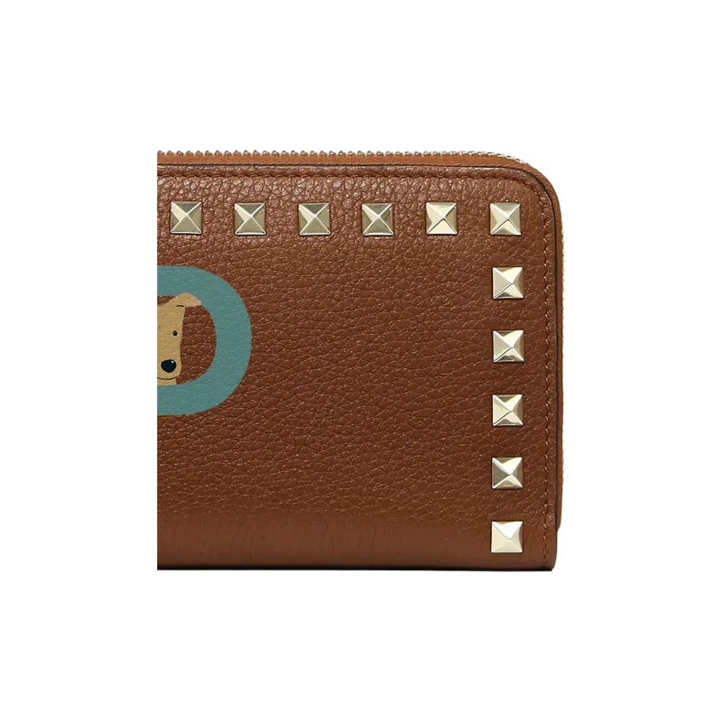 Valentino GARAVANI ROCKSTUD Grained Calfskin Wallet Women's Saddle Brown With English Green-4