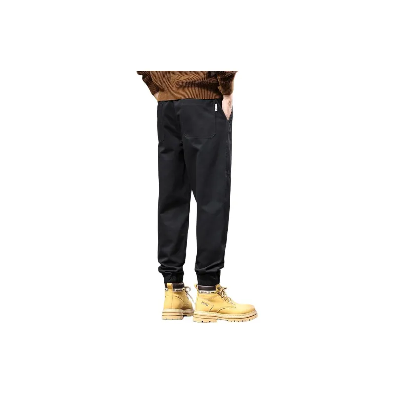Jeep Loose Fit Elastic Cuff Solid Color Trendy Youth Tie Up Elastic Waistband Ankle Length Pants Men's-1