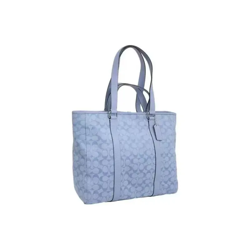 COACH Denim With Leather Tote Bag Shopping Bag Shoulder Bag Handbag Unisex Light Blue-1