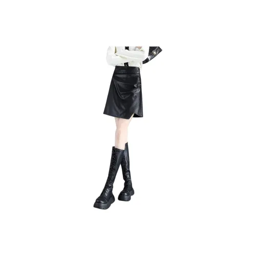 Still quiet Leather Short Skirts Women's Black