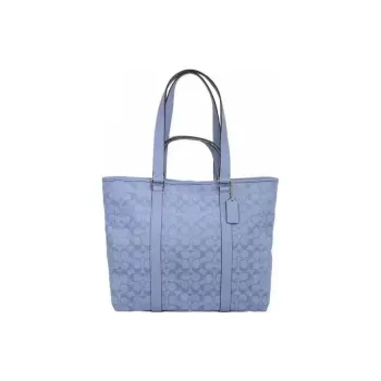 COACH Denim With Leather Tote Bag Shopping Bag Shoulder Bag Handbag Unisex Light Blue
