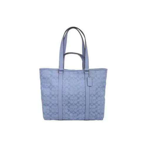 COACH Denim With Leather Tote Bag Shopping Bag Shoulder Bag Handbag Unisex Light Blue