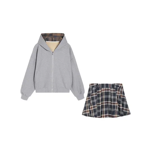 Ice cream and whale Sweatshirt Sets Women's Cropped Plaid Sweatshirts - Gray+Embroidered Plaid Skirts