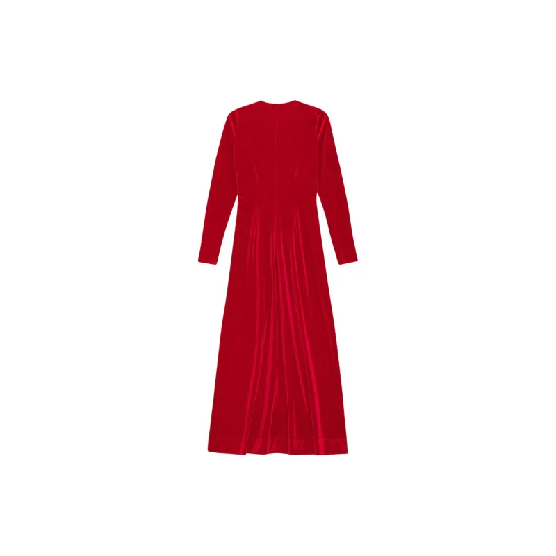 GANNI Red Velvet Jersey Twist Long Dress Long-Sleeved Dresses Women's Red-1
