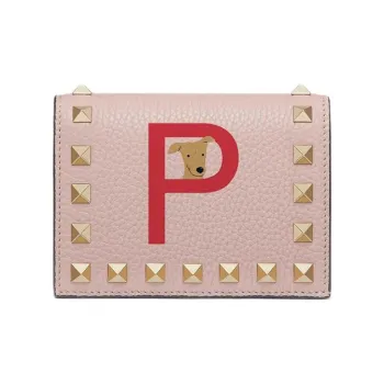 Valentino GARAVANI ROCKSTUD Grained Calfskin Wallet Women's Pink Crystal & Pure Red