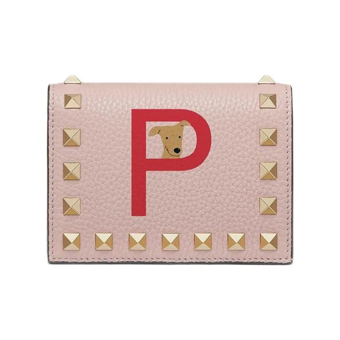 Valentino GARAVANI ROCKSTUD Grained Calfskin Wallet Women's Pink Crystal & Pure Red-0