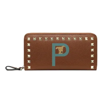 Valentino GARAVANI ROCKSTUD Grained Calfskin Wallet Women's Saddle Brown With English Green