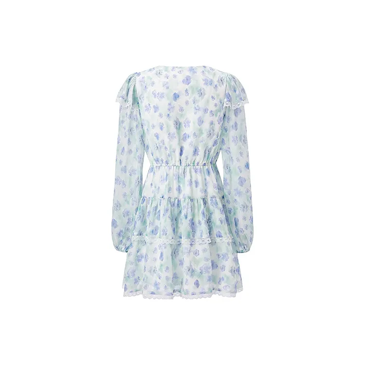 LEDIN Long Sleeved Dresses Women's Blue Print In Stock-1