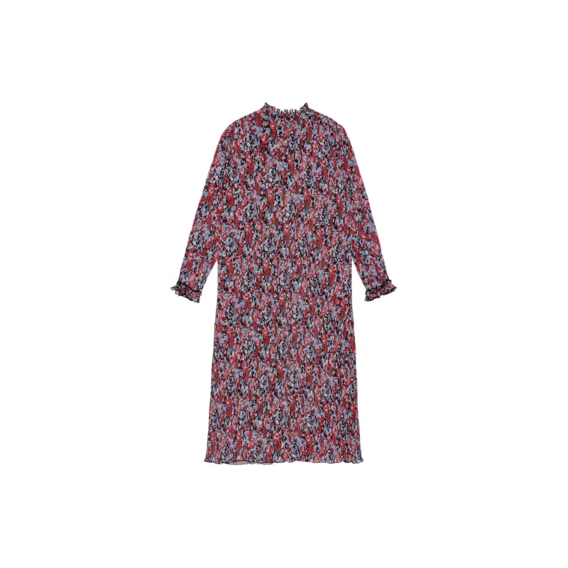 GANNI Red Pleated Georgette Midi Dress Long-Sleeved Dresses Women's Multicolor-1
