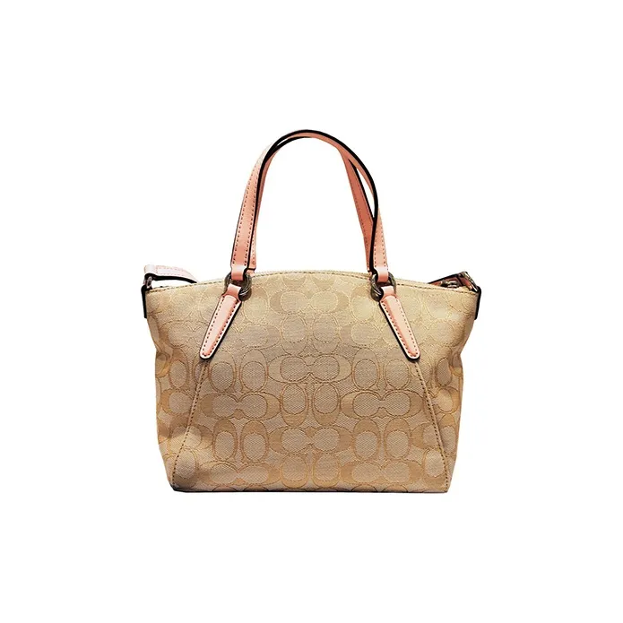 COACH Canvas With Leather Crossbody Handbag Shoulder Bag Large Size Women's Light Khaki Cherry Blossom Pink-3