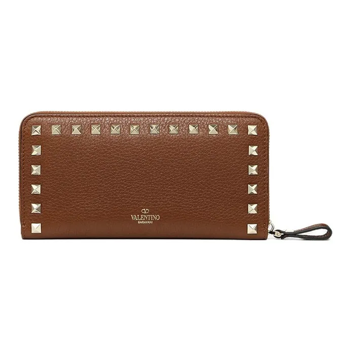 Valentino GARAVANI ROCKSTUD Grained Calfskin Wallet Women's Saddle Brown With English Green-2