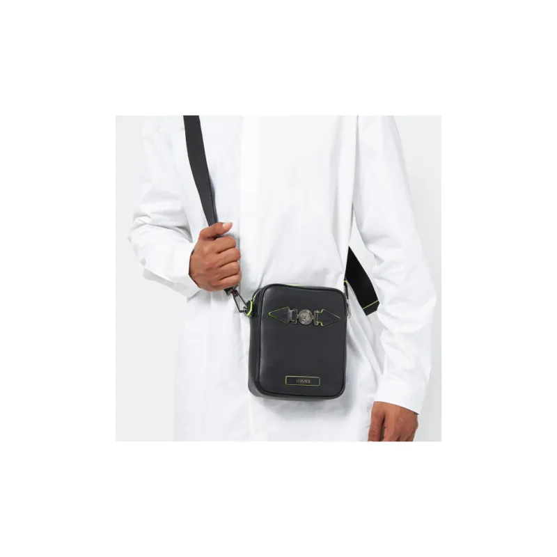 VERSACE Leather Shoulder Bag Crossbody Bag Regular Men's Black/Green-4