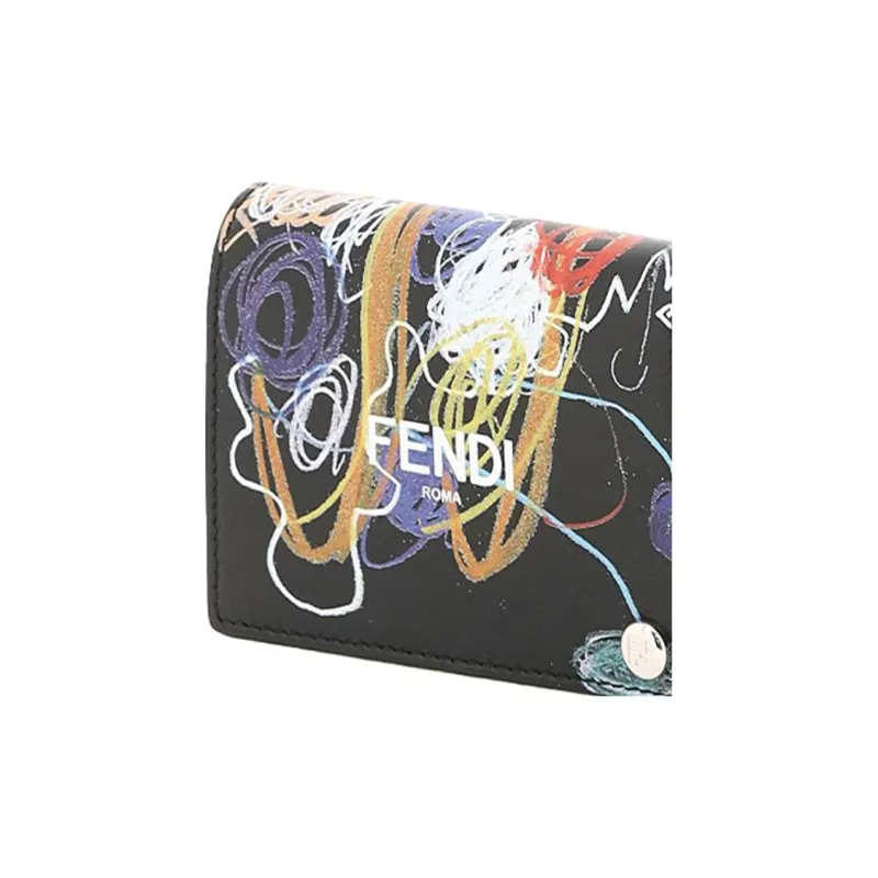 FENDI Calfskin Card Clip Card Holder Men's Black & Multicolor-5