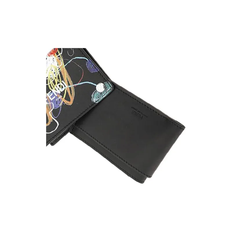 FENDI Calfskin Card Clip Card Holder Men's Black & Multicolor-4