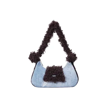REBIRTH Faux Fur Crossbody Shoulder Bag Medium Size Women's Blue Denim Round Head