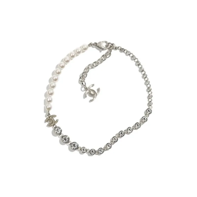 CHANEL Rhinestone Pearl Metal Glass Crystal Necklaces Women's Silver-0