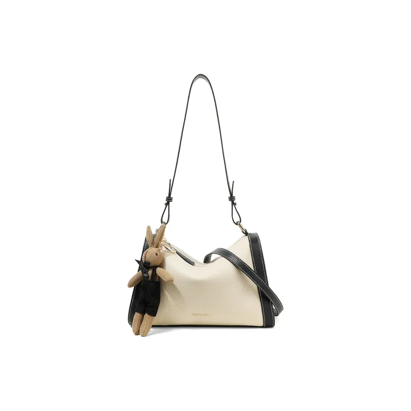 Teenmix Cow Leather Shoulder Bag, Crossbody Bag, Pillow Bag Medium Size Women's Ecru & Brown/Ecru & Black-10
