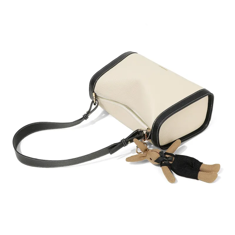 Teenmix Cow Leather Shoulder Bag, Crossbody Bag, Pillow Bag Medium Size Women's Ecru & Brown/Ecru & Black-13