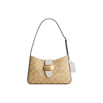 COACH Eliza Artificial Leather With Cow Split Leather One Shoulder Handbags Medium Size Women's Light Khaki