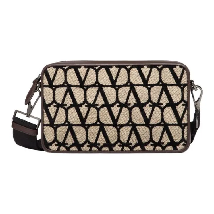 Valentino Leather Portable Crossbody Bag Shoulder Bag Men's Black & Beige-0