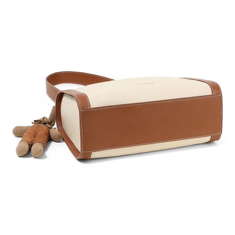 Teenmix Cow Leather Shoulder Bag, Crossbody Bag, Pillow Bag Medium Size Women's Ecru & Brown/Ecru & Black-4