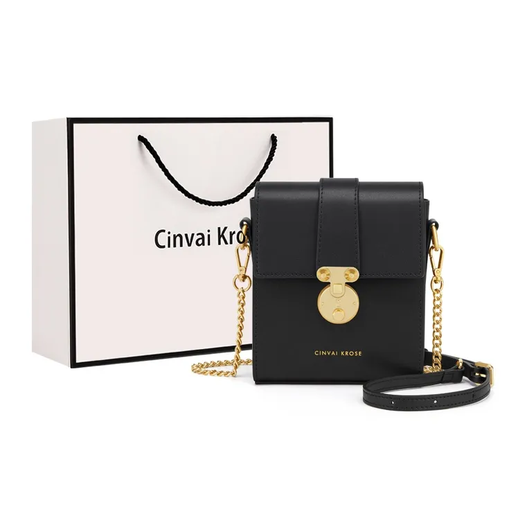 Simvay Clos Cow Leather Shoulder Bag Chain Crossbody Bag Cell Phone Pouch Regular Women's Black & Ecru-0
