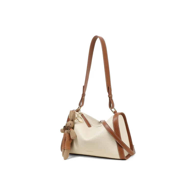 Teenmix Cow Leather Shoulder Bag, Crossbody Bag, Pillow Bag Medium Size Women's Ecru & Brown/Ecru & Black-2